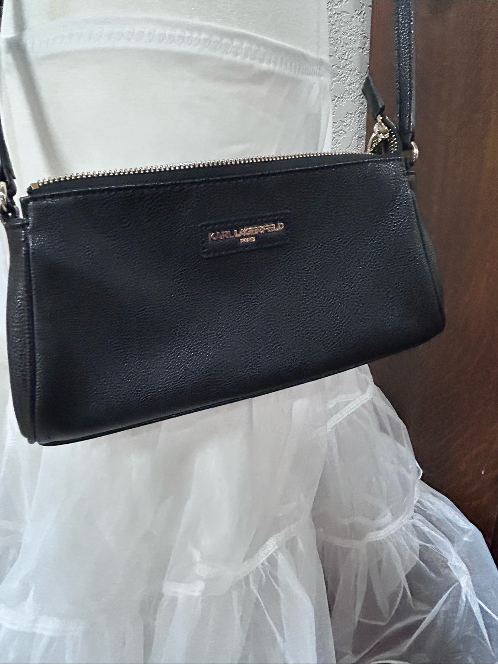 Karl Lagerfeld Black Leather Shoulder Crossbody with Gold Accents
